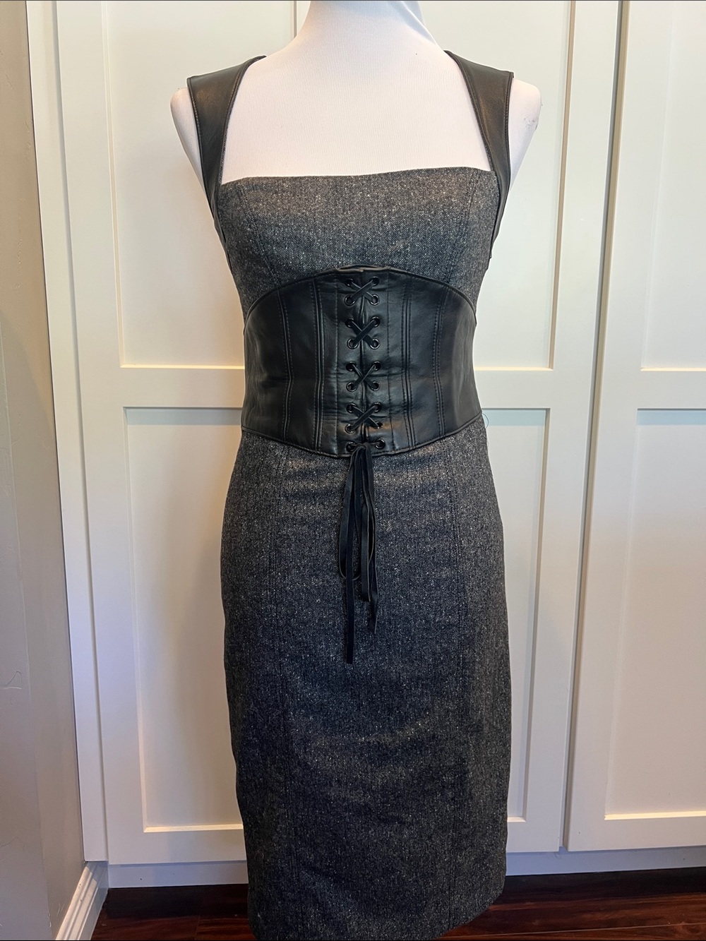 Bebe Y2K Wool Tweed Leather Corset Dress Size 6 Office Siren